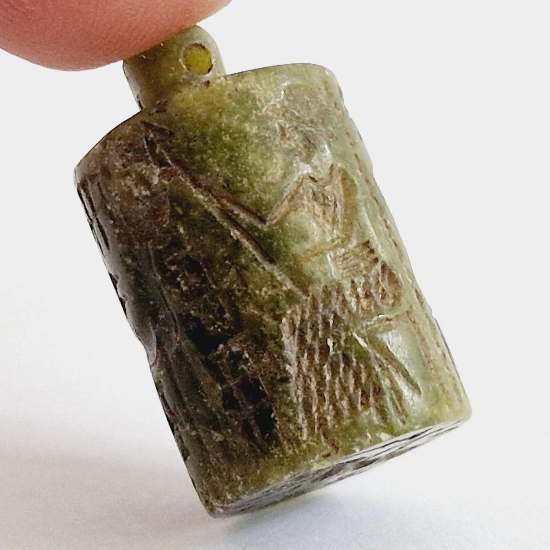 Mesopotamian Green Nephrite Carved Cylindrical Bead Talisman - 1st Millenium CE | Zelnik Collection