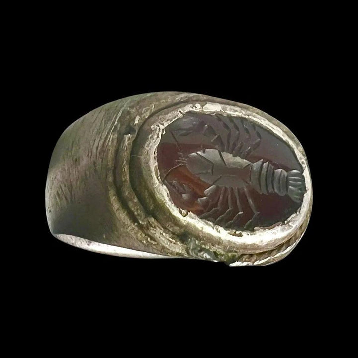 Ancient Roman Silver Ring with Lobster Intaglio - 2nd to 3rd Century CE | Rare Garnet Depiction