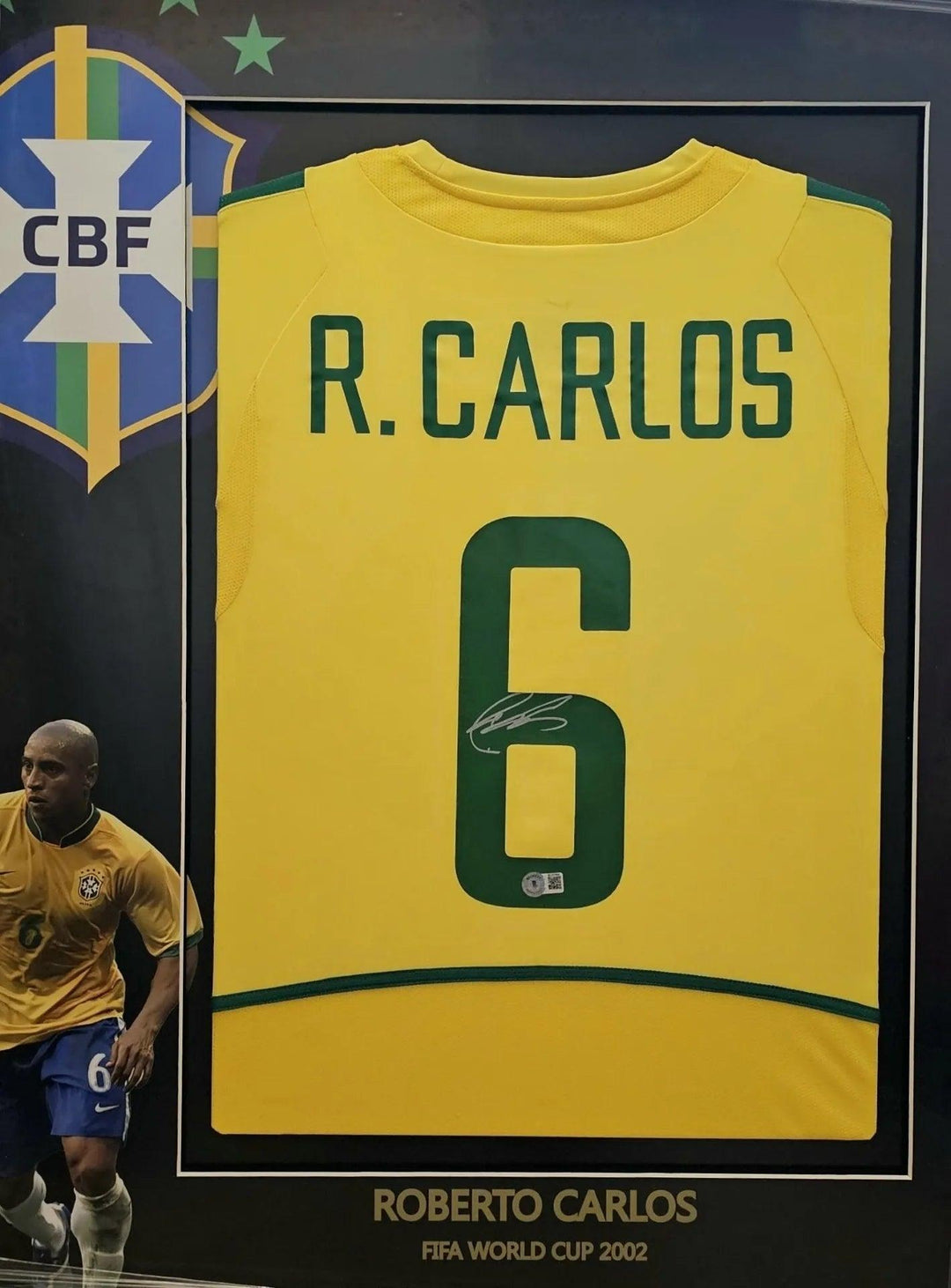 Roberto Carlos 6 Brazil 2002 World Cup - Signed Soccer Shirt | Framed with Museum Glass & Beckett COA